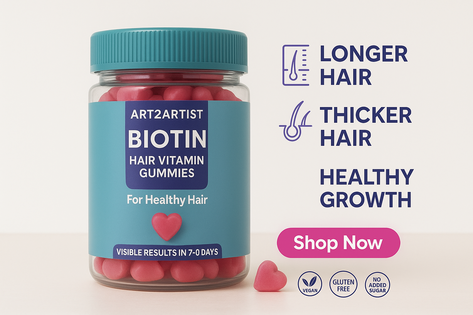 Art2Artist Biotin Hair Vitamin Gummies Stronger, Thicker & Healthier Looking Hair – Delicious Daily Gummies